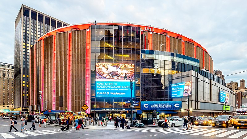 Madison Square Garden above Penn Station on Seventh Avenue.